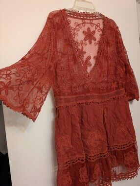 New Rusty-Red Lace Crochet Boho Folk Tunic Blouse Top Cover-Up Womens